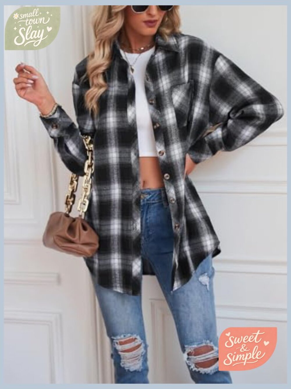 Oversized Button Down Flannel Shacket Long Sleeve Plaid Blouse - Picture 6 of 7